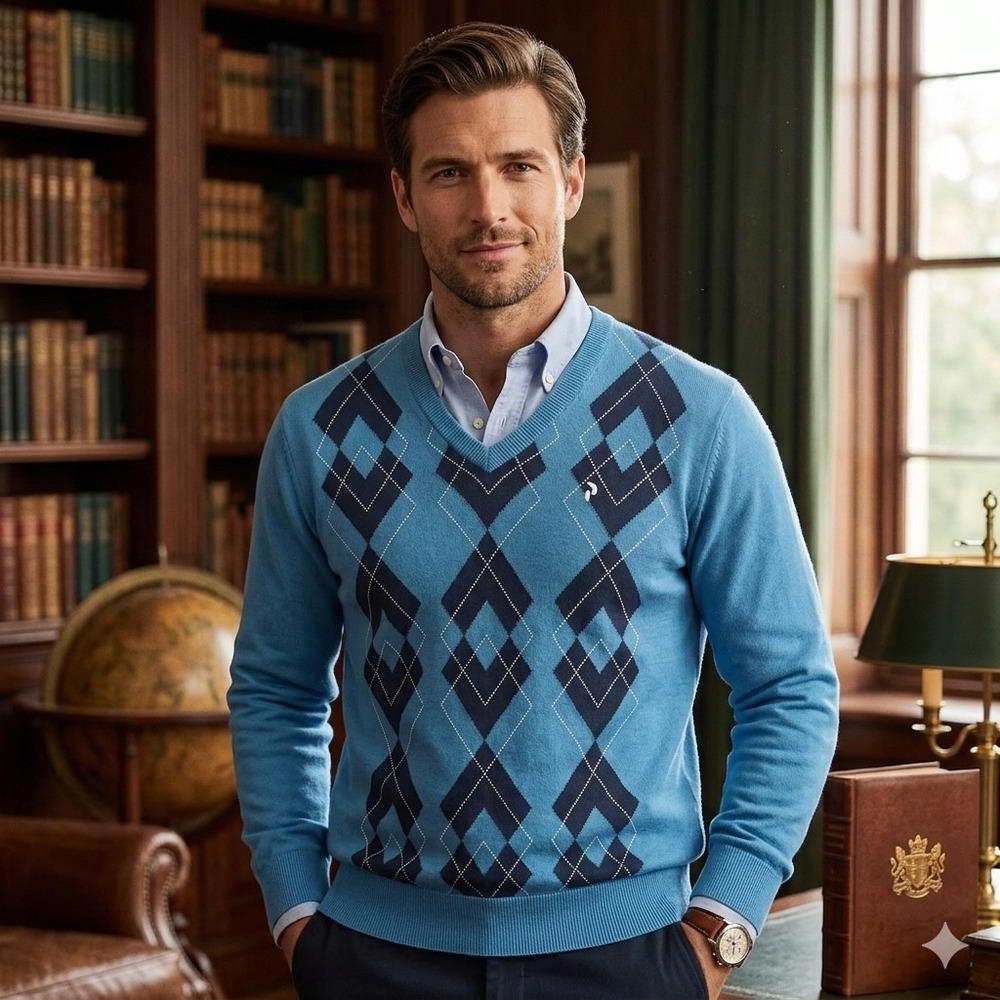 Peak Performance Mens Argyle V-Neck Cotton Sweater Blue Kingsco - Size M